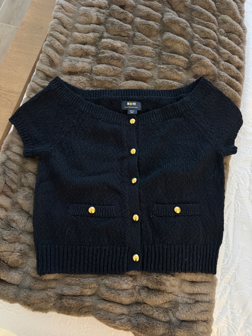 Anthropologie Black Short-Sleeve Sweater with Gold Buttons